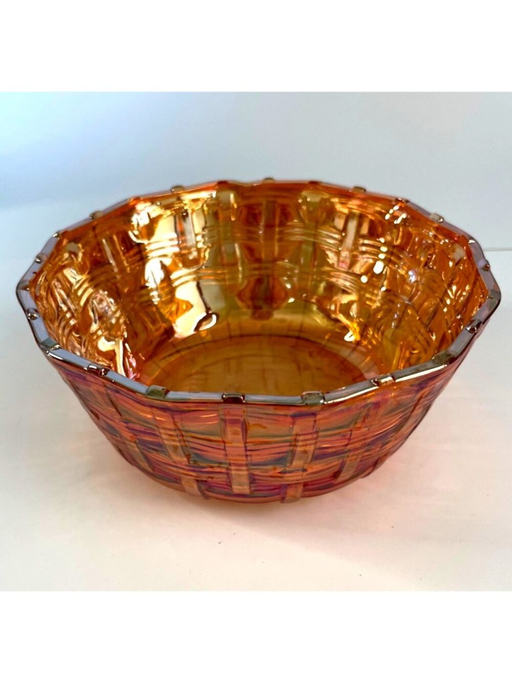 Antique Dugan Basket Weave Marigold Carnival Glass Bowl Iridescent 7.25" c.1909